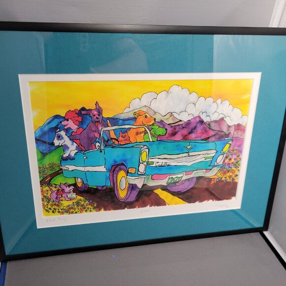 Original Heart Bow Studio " Road Trip" Numbered Lithograph Cadillac and Dogs - Picture 3 of 6